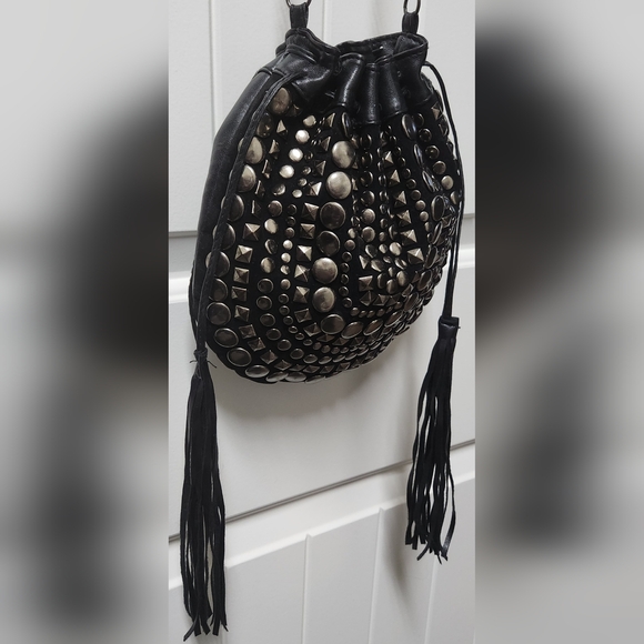 FOREVER 22 Black Vegan Leather Stud Drawstring Crossbody Bag - Picture 3 of 13